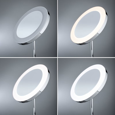 Four views of a round cosmetic mirror with chrome frame and adjustable LED lighting