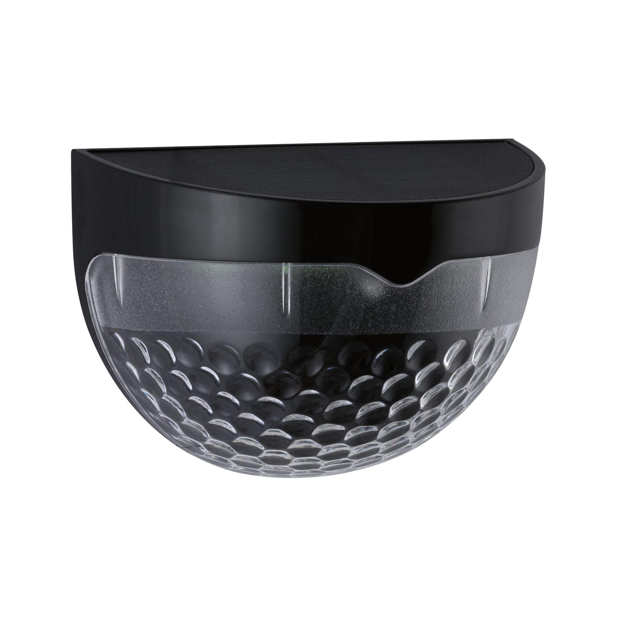 Semi-circular black plastic wall light with textured glass front for outdoor lighting use