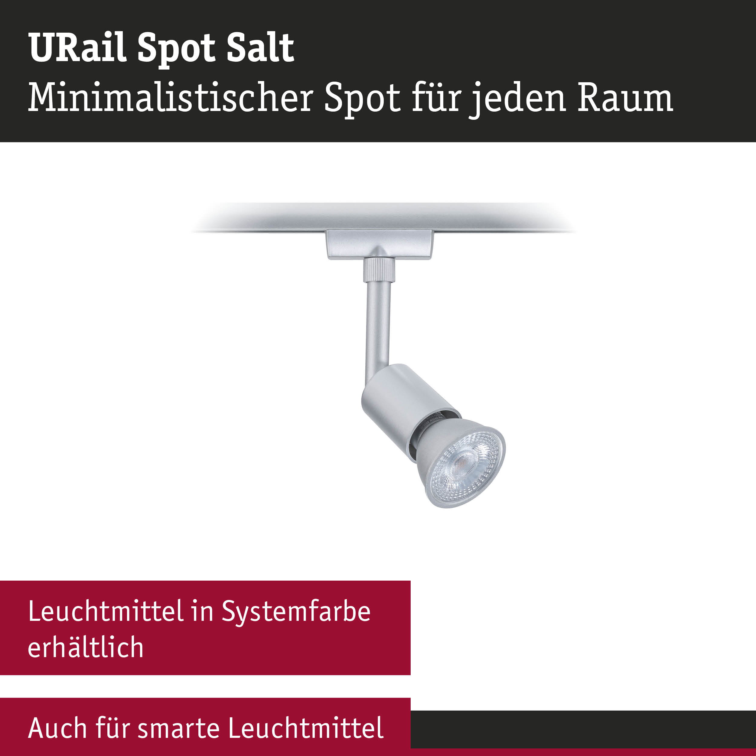 Minimalistischer URail Spot Salt in silberner Systemfarbe, LED-Strahler für flexible Raumbeleuchtung