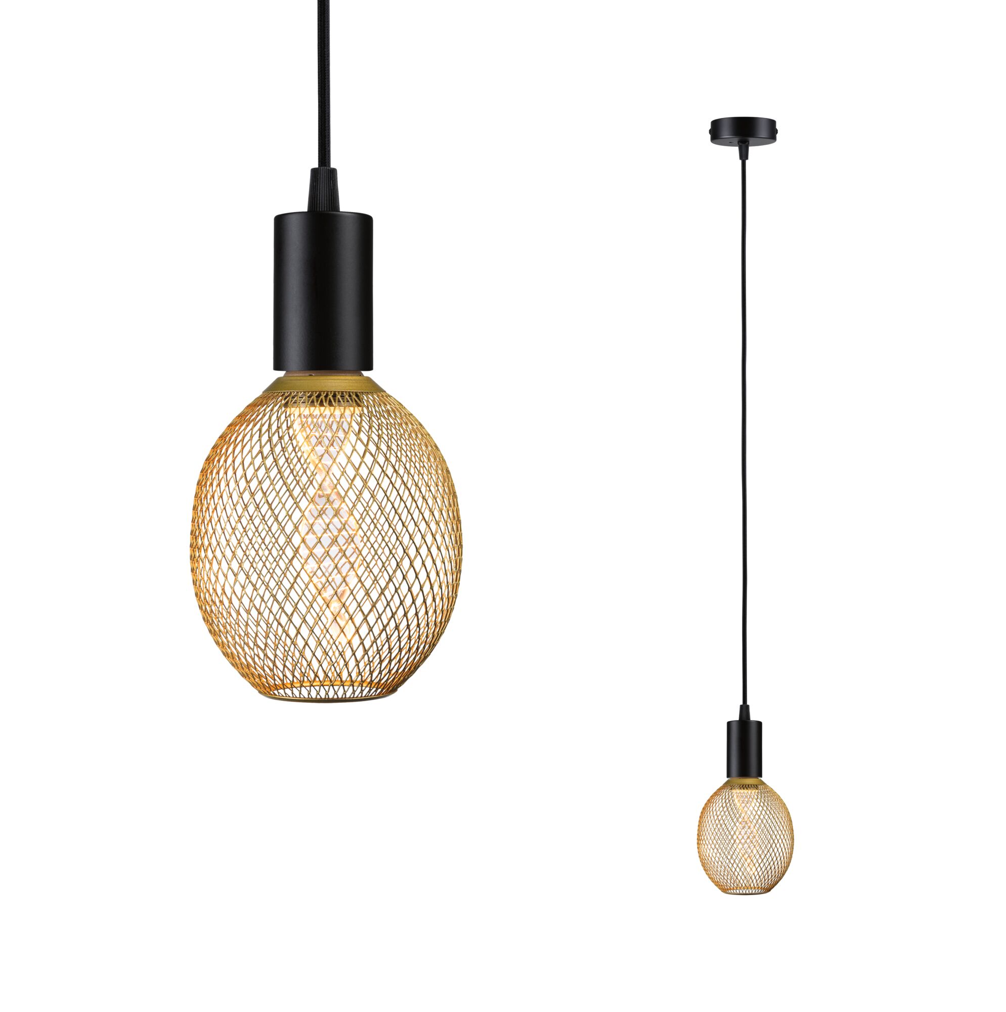 Moderne Pendelleuchte mit schwarzem Metallhals und goldfarbenem Drahtgeflecht als Lampenschirm