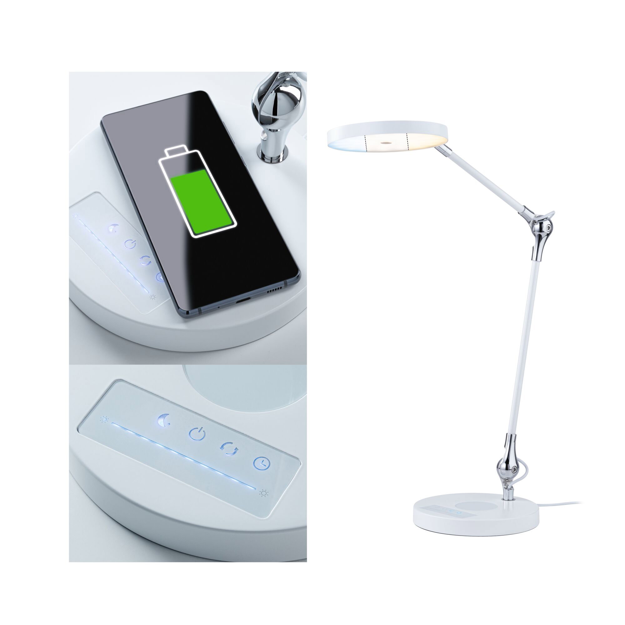 Lampe de bureau LED Numis QI White Switch 1000lm 11W Blanc Lampe de bureau LED blanche avec bras réglable et chargeur sans fil pour smartphone intégré au socle