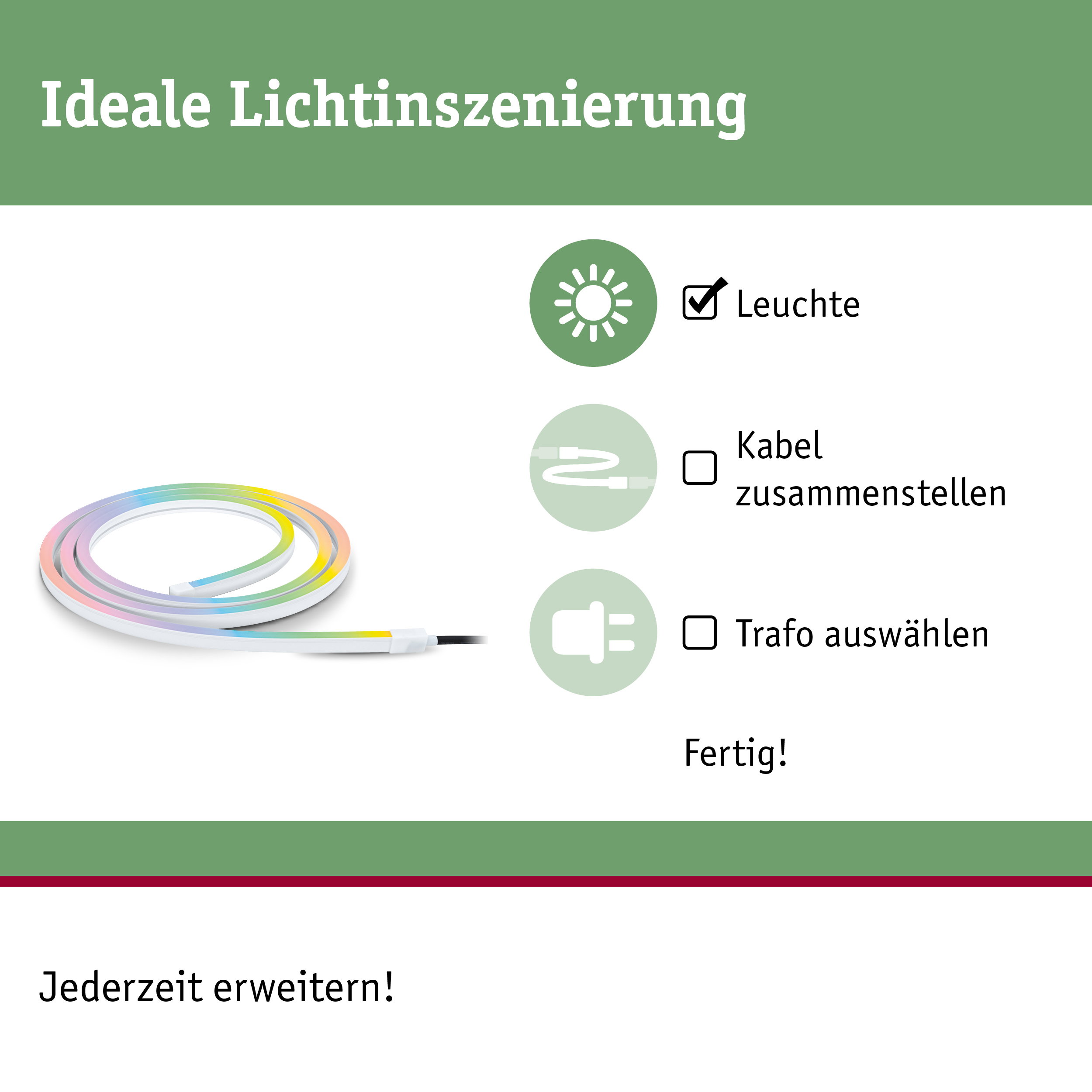 Buntes LED-Lichtband mit weißem Gehäuse und schwarzem Kabel für flexible Lichtgestaltung