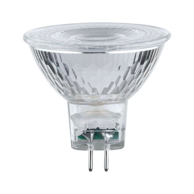 Clear MR16 LED bulb with glass housing and two metal pins for energy-efficient lighting