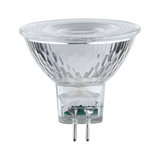 Transparante MR16 LED-lamp met glazen behuizing en twee metalen pinnen voor energiezuinige verlichting
