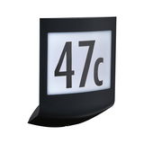 Black LED house number sign with white background and large black digits for outdoor lighting