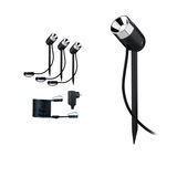 Set mit drei schwarzen LED-Gartenstrahlern aus Metall mit Erdspießen und Anschlusskabel für Außenbeleuchtung