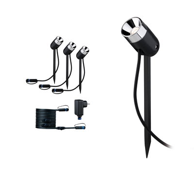 Set mit drei schwarzen LED-Gartenstrahlern aus Metall mit Erdspießen und Anschlusskabel für Außenbeleuchtung