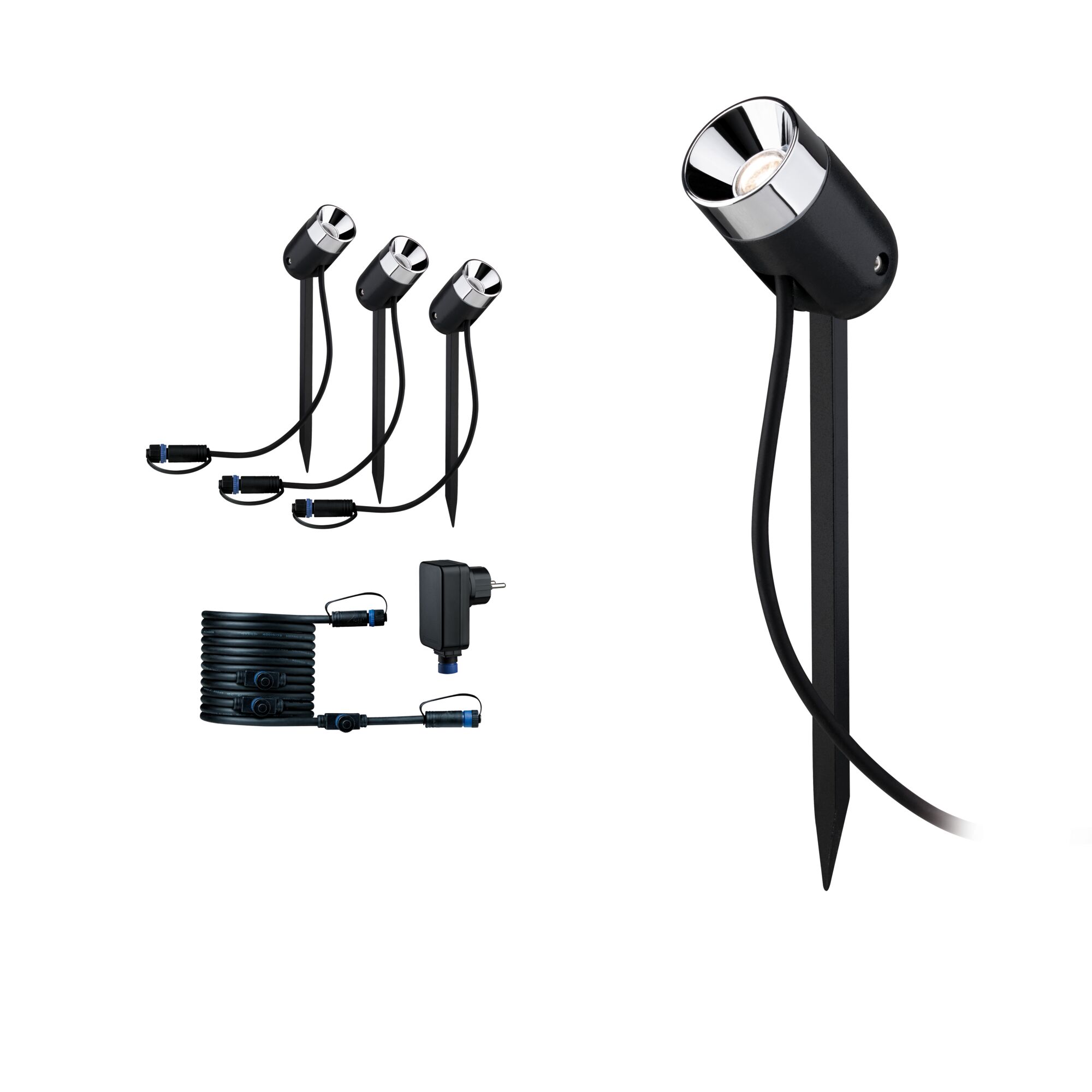 Plug & Shine LED Garden reflektor Pike Základní sada IP65 3000K 3x2,2W 21VA Antracitová Set mit drei schwarzen LED-Gartenstrahlern aus Metall mit Erdspießen und Anschlusskabel für Außenbeleuchtung