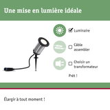 Projecteur extérieur en acier inoxydable avec bord noir et piquet pour jardin.