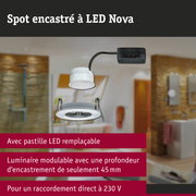 Spot encastré LED Nova blanc avec pastille LED remplaçable et profondeur d’encastrement de 45 mm pour raccordement 230 V