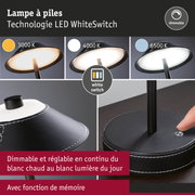 Lampe à piles LED dimmable en cuir noir avec interrupteur blanc, lumière réglable de 3000K à 6500K