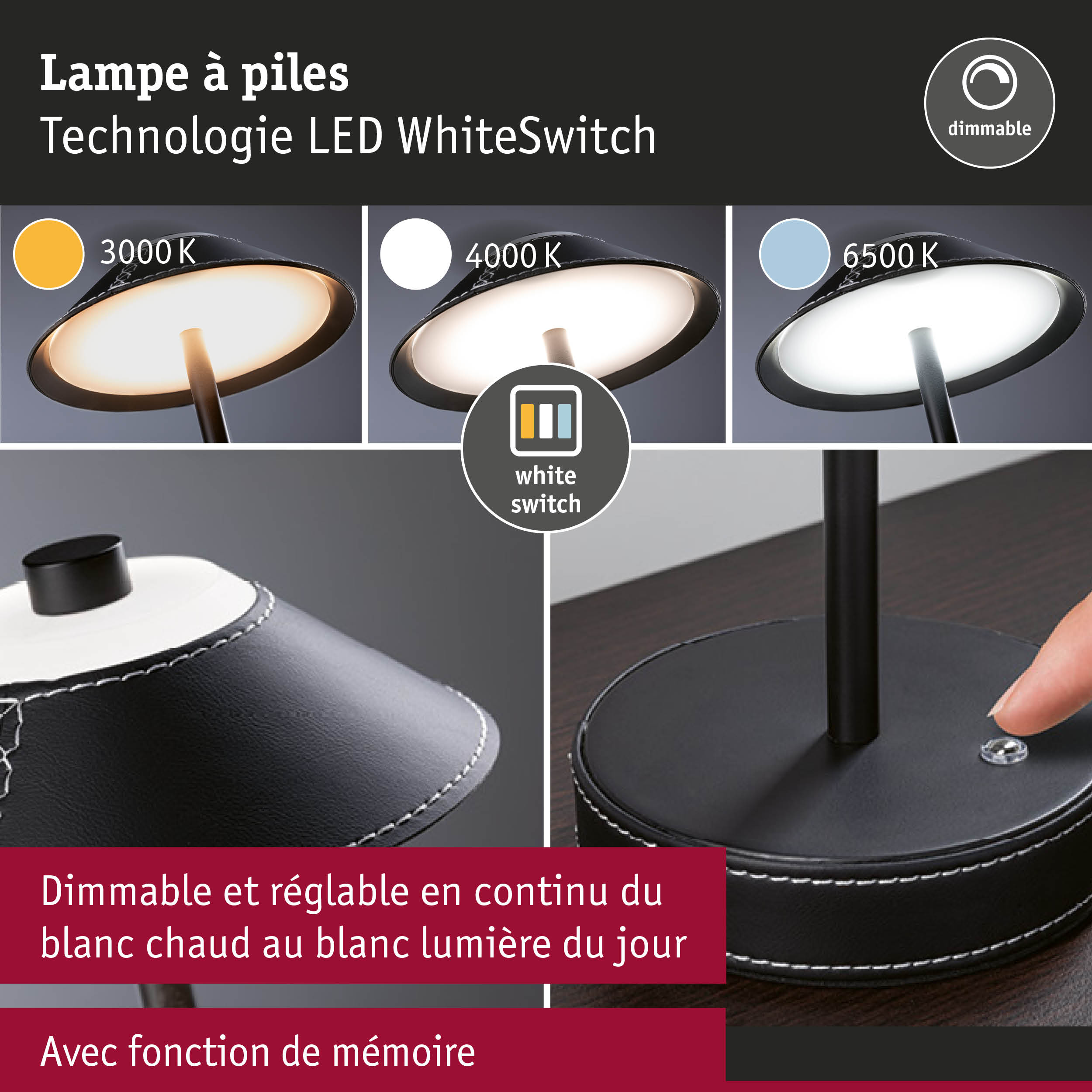 Lampe à piles LED dimmable en cuir noir avec interrupteur blanc, lumière réglable de 3000K à 6500K
