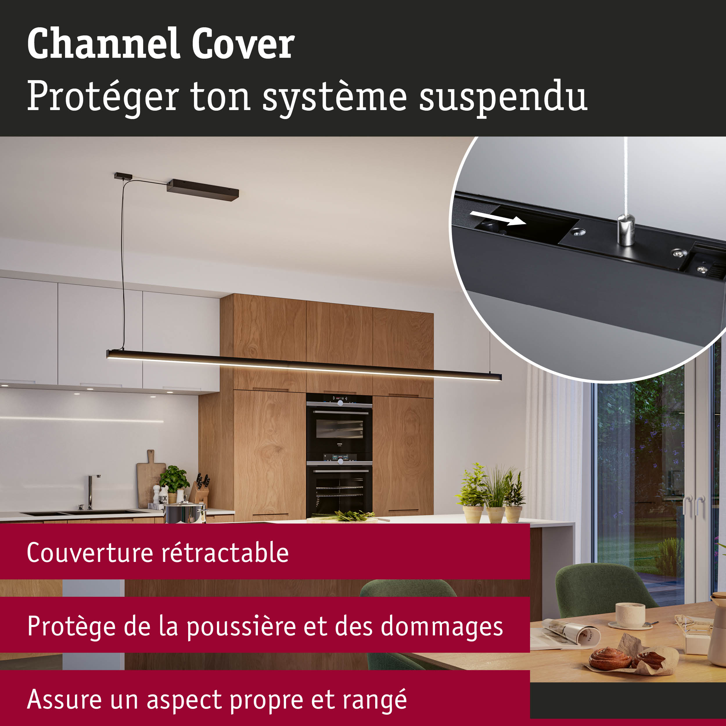 Suspension LED noire dans cuisine moderne avec placards en bois et grande fenêtre