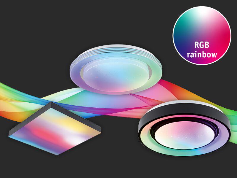 Three RGB LED ceiling lights in various shapes with colorful rainbow light for modern indoor lighting.