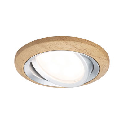 Ronde inbouwspot met natuurlijke houten rand en zilverkleurig aluminium voor moderne LED-verlichting.