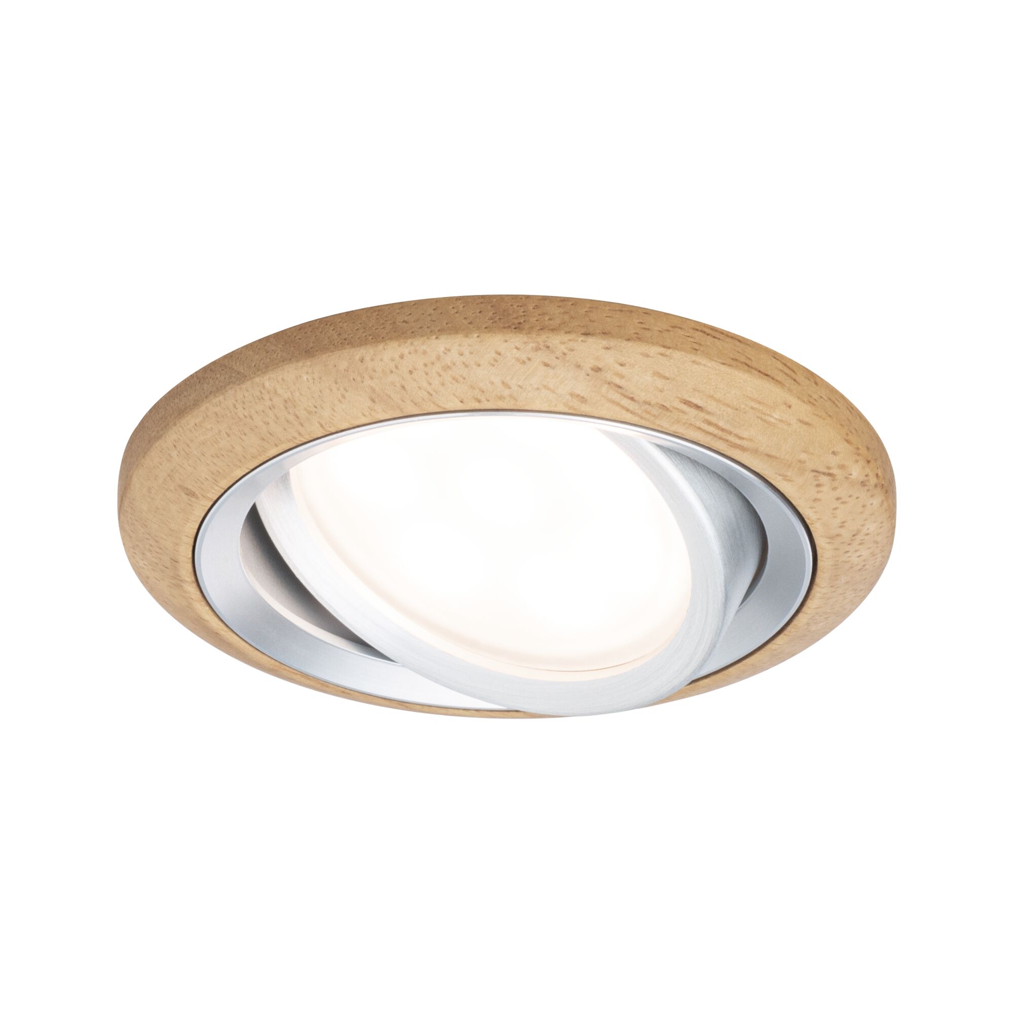 Round recessed spotlight with natural wood frame and silver aluminum for modern LED lighting.