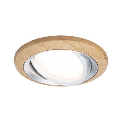 Rundstrahler mit Holzrahmen in Natur und silbernem Aluminium für moderne LED-Einbauleuchten.