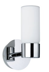 Modern chrome wall light with white glass shade, perfect for elegant indoor lighting.