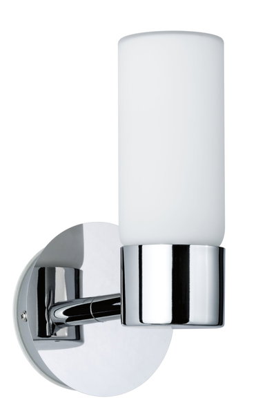 Modern chrome wall light with white glass shade, perfect for elegant indoor lighting.