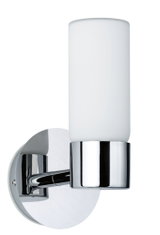 Modern chrome wall light with white glass shade, perfect for elegant indoor lighting.