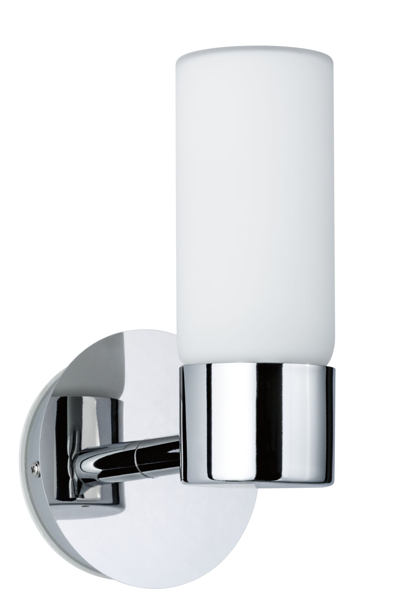 Modern chrome wall light with white glass shade, perfect for elegant indoor lighting.