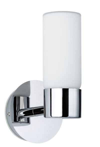 Modern chrome wall light with white glass shade, perfect for elegant indoor lighting.