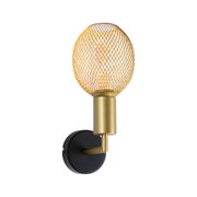 Wandlampe mit goldfarbenem Metallgestell und rundem Drahtgeflecht in warmem Gelb für moderne Beleuchtung