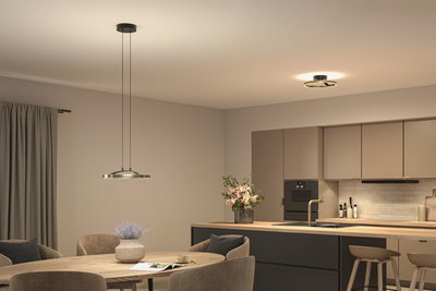 Modern kitchen with black and gold pendant and ceiling LED lights, minimalist interior design