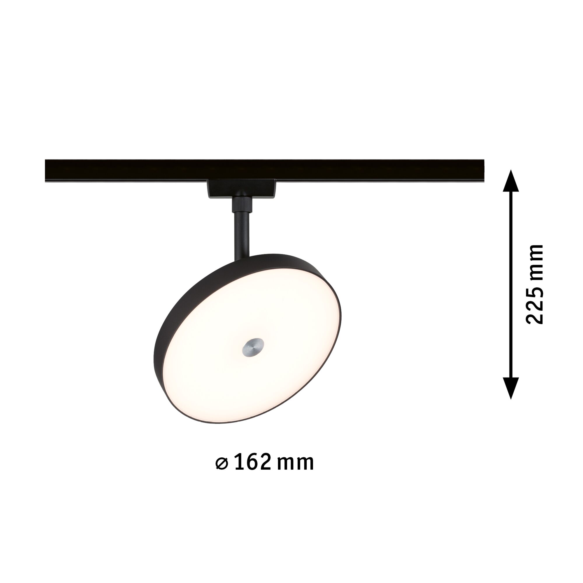 Sort LED-spot med rund hvid diffuser, 162 mm diameter og 225 mm højde til skinnesystem