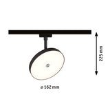 Sort LED-spot med rund hvid diffuser, 162 mm diameter og 225 mm højde til skinnesystem