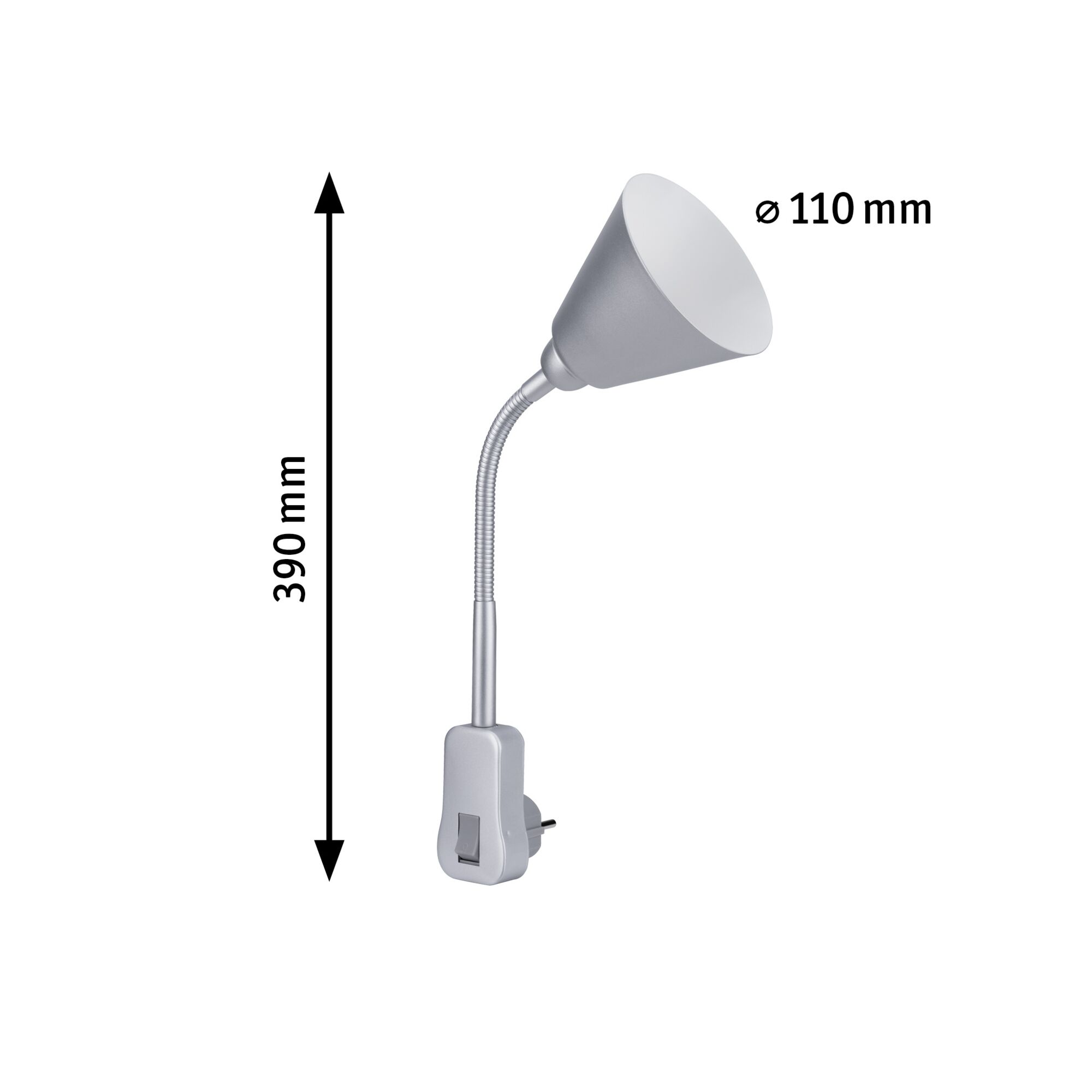 Silberne flexible LED-Steckdosenleuchte mit 390 mm Länge und 110 mm Lampenschirmdurchmesser