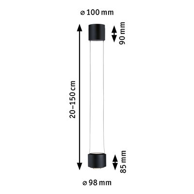 Schwarze Pendelleuchte aus Metall mit verstellbarer Länge 20-150 cm und 98 mm Durchmesser