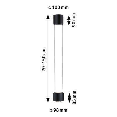 Schwarze Pendelleuchte aus Metall mit verstellbarer Länge 20-150 cm und 98 mm Durchmesser