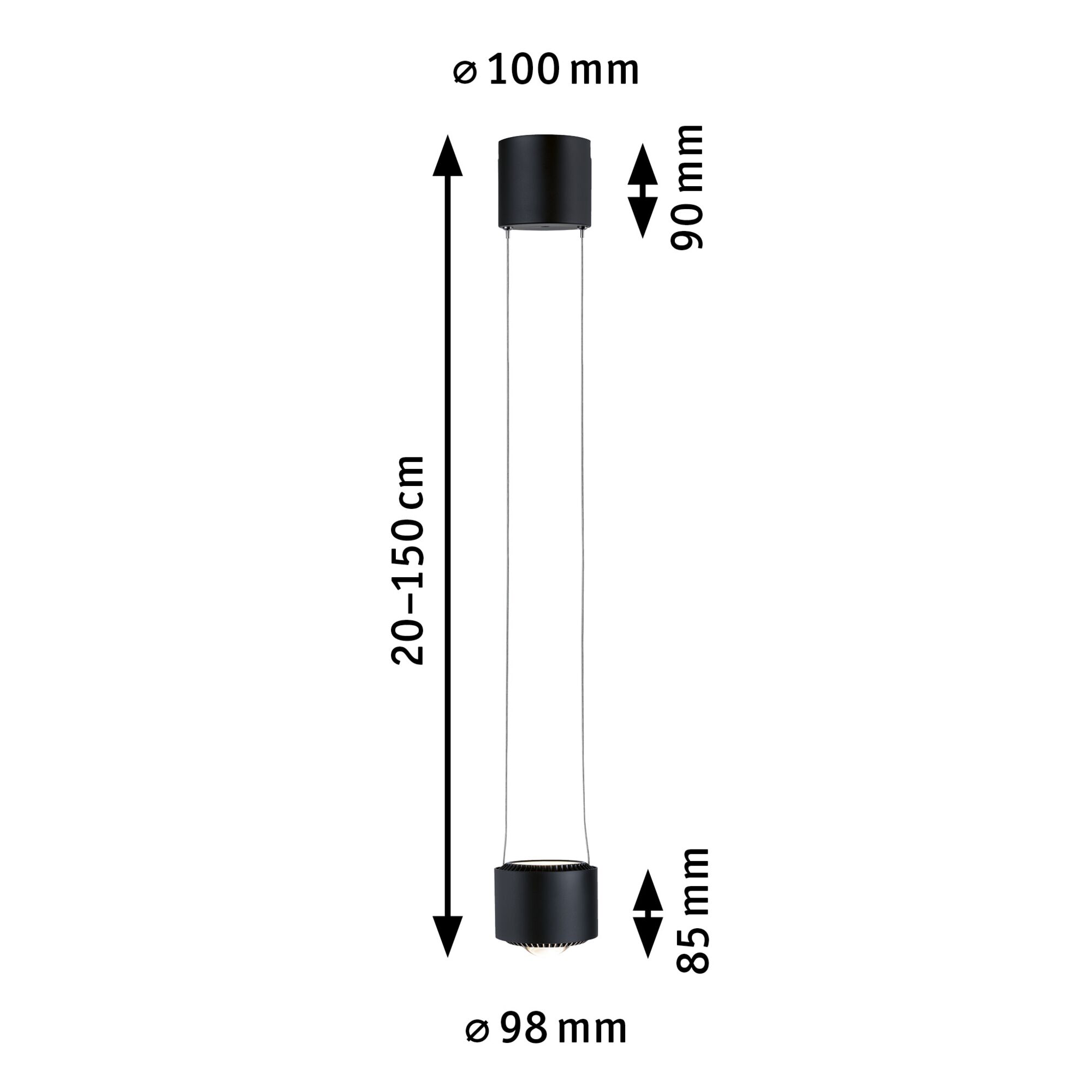 Schwarze Pendelleuchte aus Metall mit verstellbarer Länge 20-150 cm und 98 mm Durchmesser