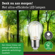 LED-lamp met neutraal wit licht en ultra-efficiënt energieverbruik tegen groene bosachtergrond