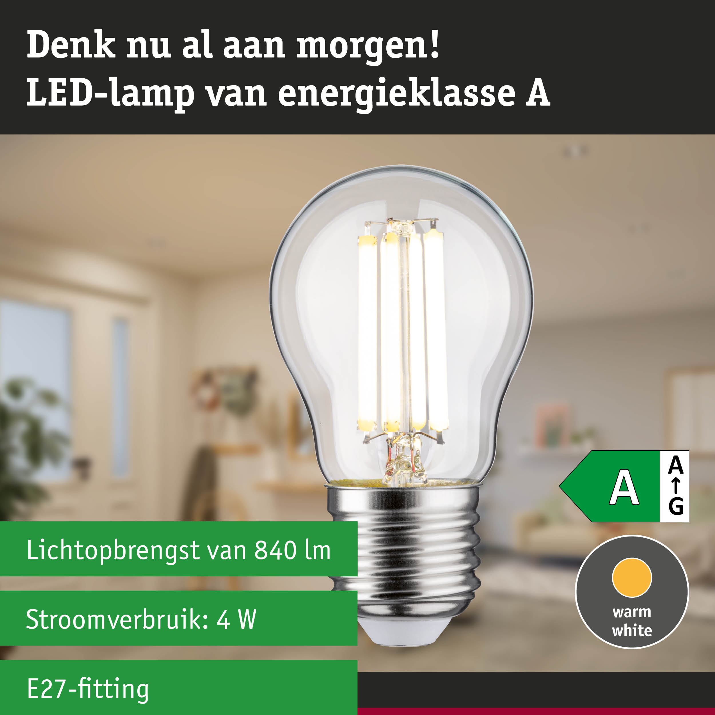 LED-lamp met neutraal wit licht en ultra-efficiënt energieverbruik tegen groene bosachtergrond