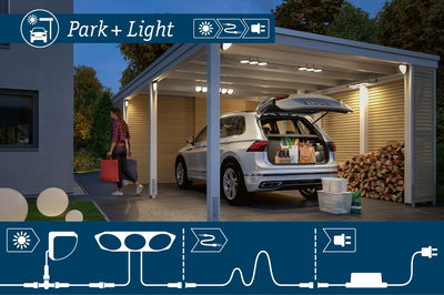 Verlicht carport met witte SUV en Park+Light LED-verlichtingssysteem voor buitenparkeerplaatsen.