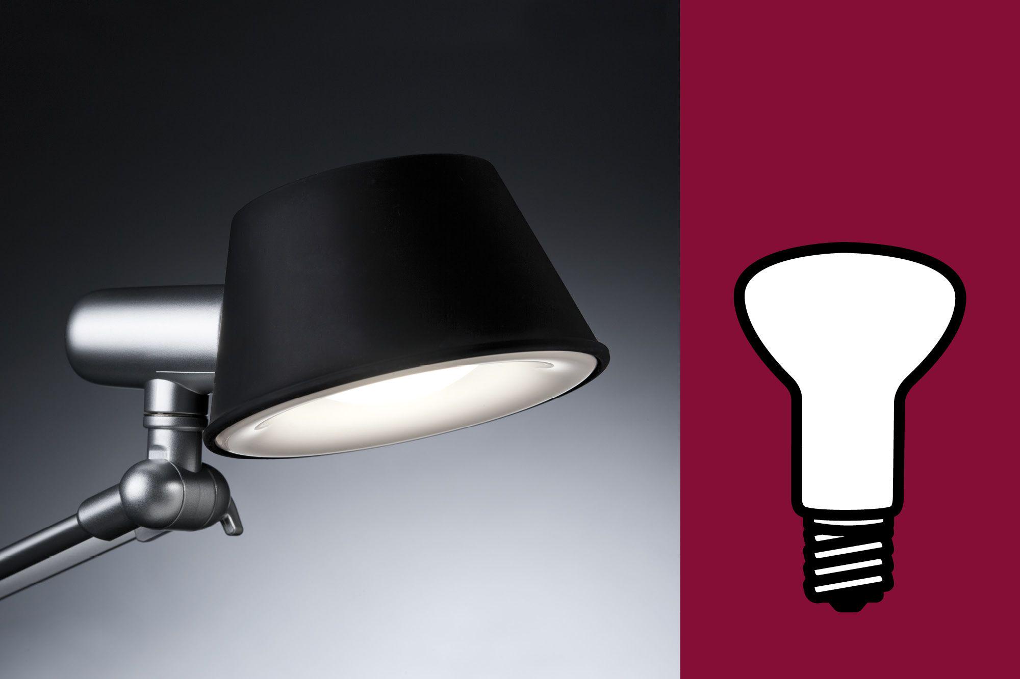 Lampe de lecture noire moderne avec bras articulé argenté et icône ampoule réflecteur E14 E27 sur fond rouge