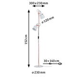Floor LED lamp with two white shades and copper stand, measuring 152 cm height, modern lighting design.