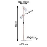 Floor LED lamp with two white shades and copper stand, measuring 152 cm height, modern lighting design.