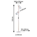 Stehende LED-Lampe mit zwei weißen Schirmen und kupferfarbenem Ständer, Maße 152 cm hoch.