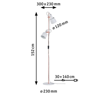 Stehende LED-Lampe mit zwei weißen Schirmen und kupferfarbenem Ständer, Maße 152 cm hoch.