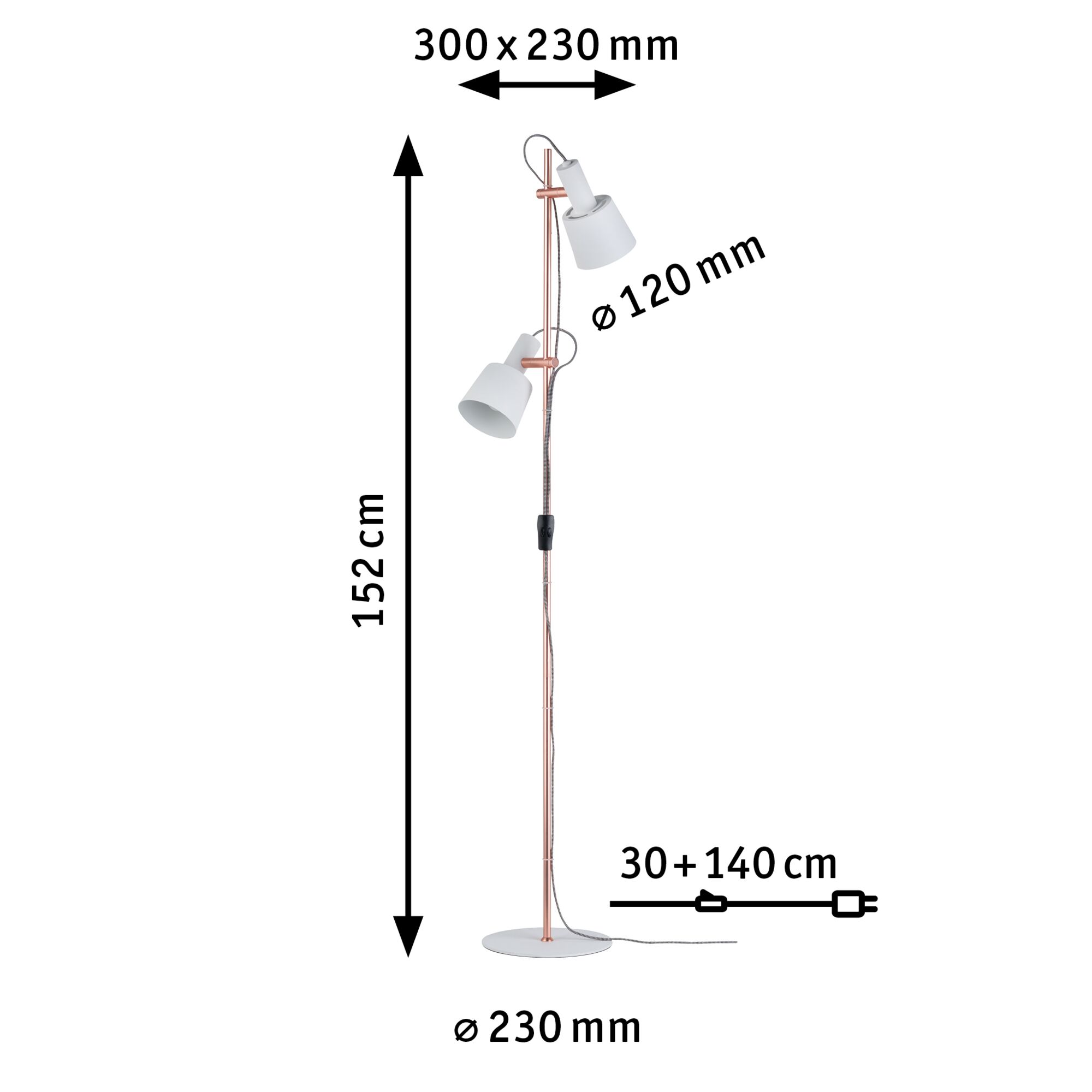 Lampadaire en cuivre avec deux abat-jours métalliques blancs, dimensions et longueur du câble indiquées