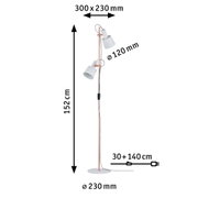 Lampadaire en cuivre avec deux abat-jours métalliques blancs, dimensions et longueur du câble indiquées