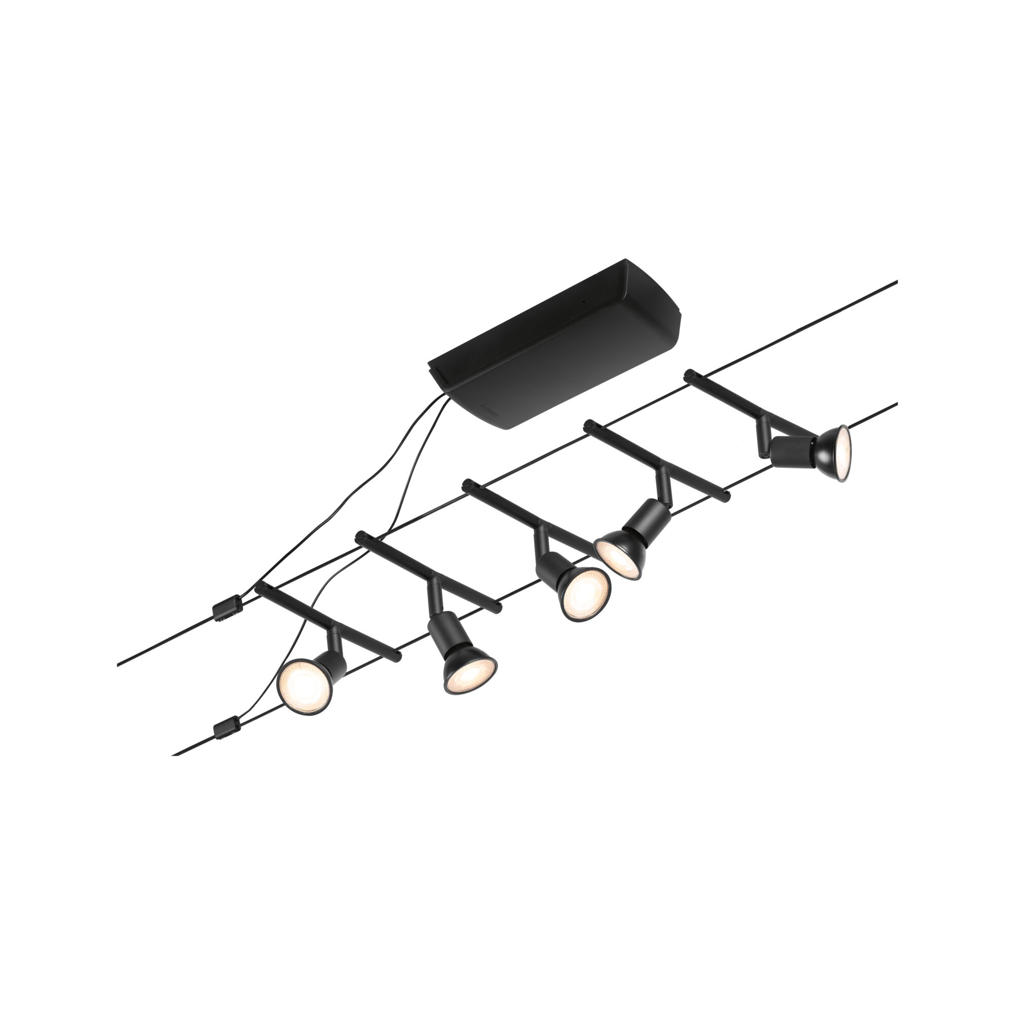 Black LED cable lighting system with five adjustable spotlights for modern accent lighting.