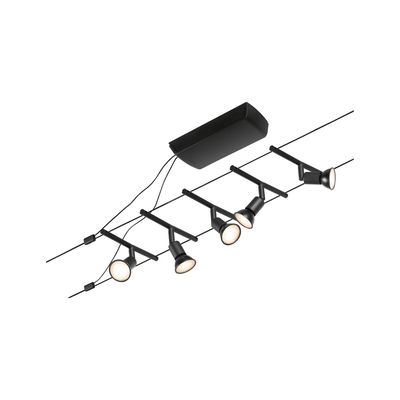 Black LED cable lighting system with five adjustable spotlights for modern accent lighting.