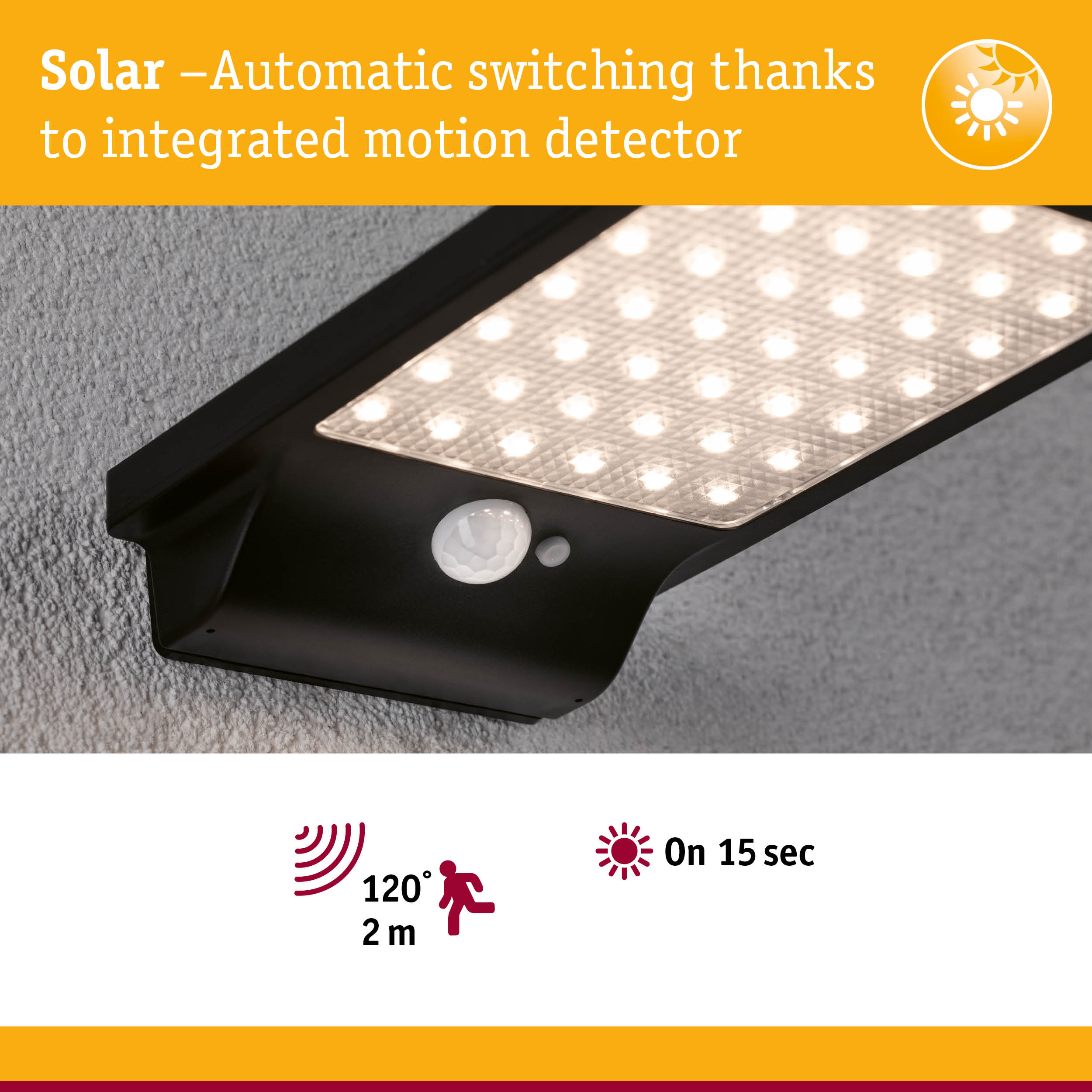 Black solar LED light with integrated motion sensor and 120° detection angle for outdoor use