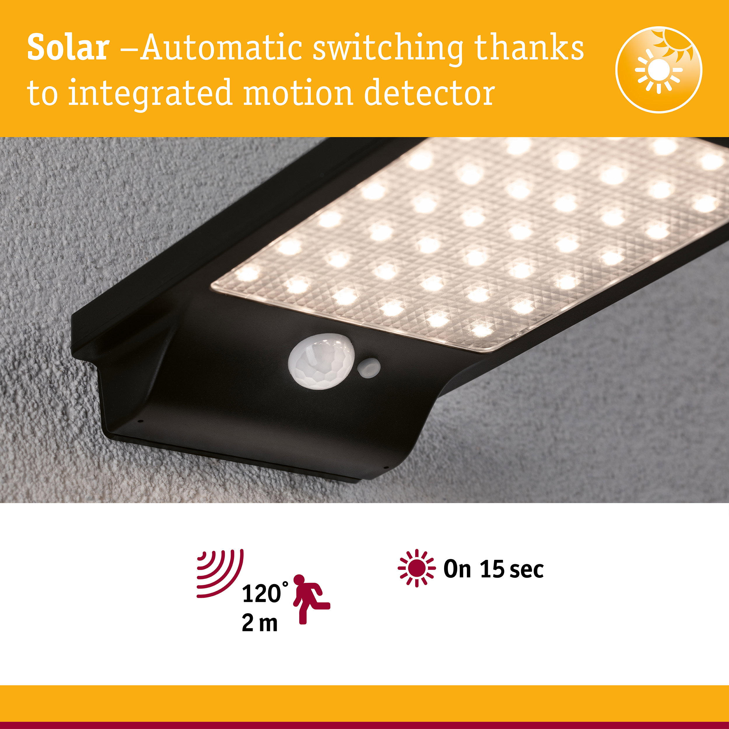Black solar LED light with integrated motion sensor and 120° detection angle for outdoor use