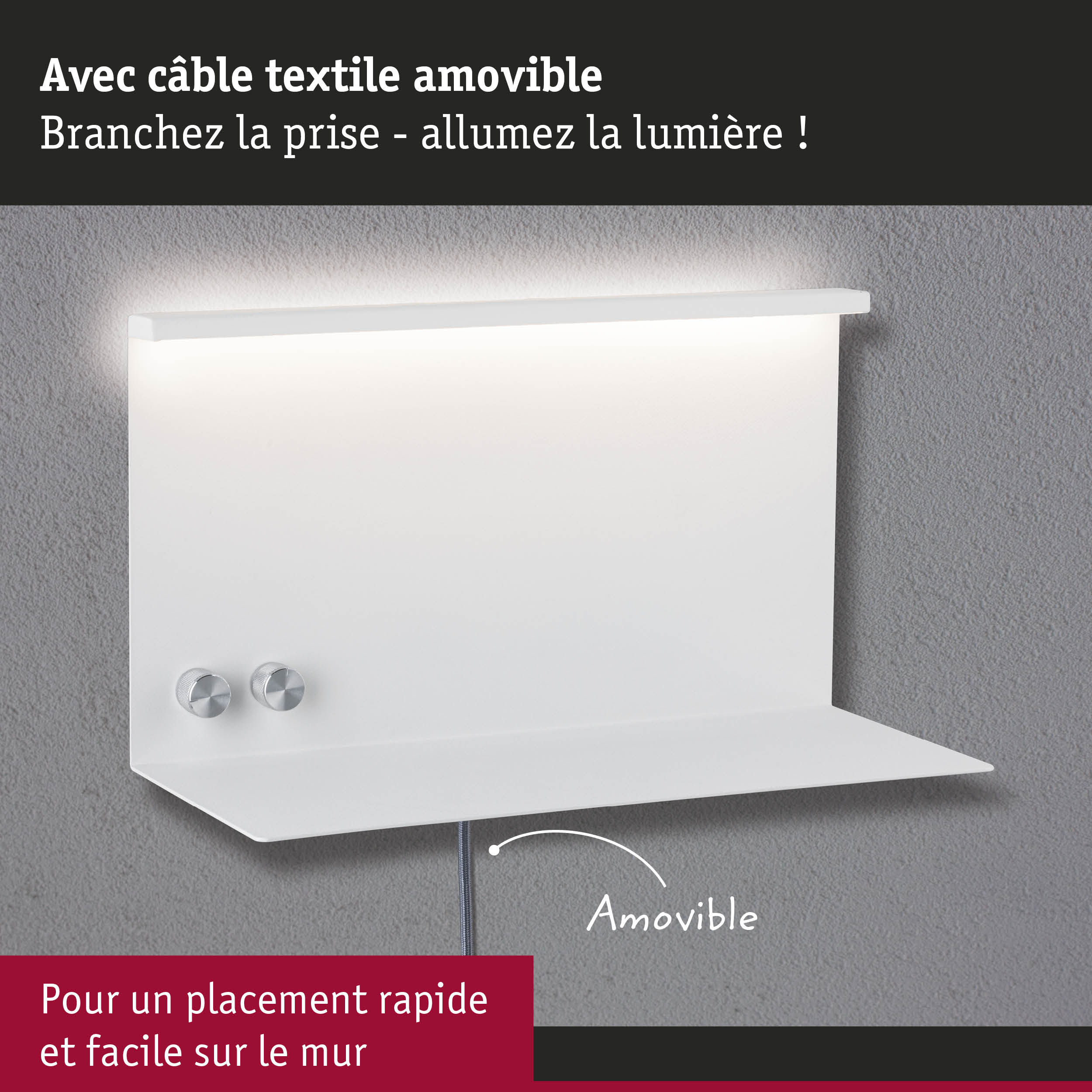 Étagère murale blanche avec câble textile amovible et éclairage LED pour une installation facile