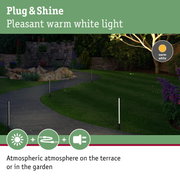 Plug & Shine warm white LED outdoor lights illuminating garden path and terrace area